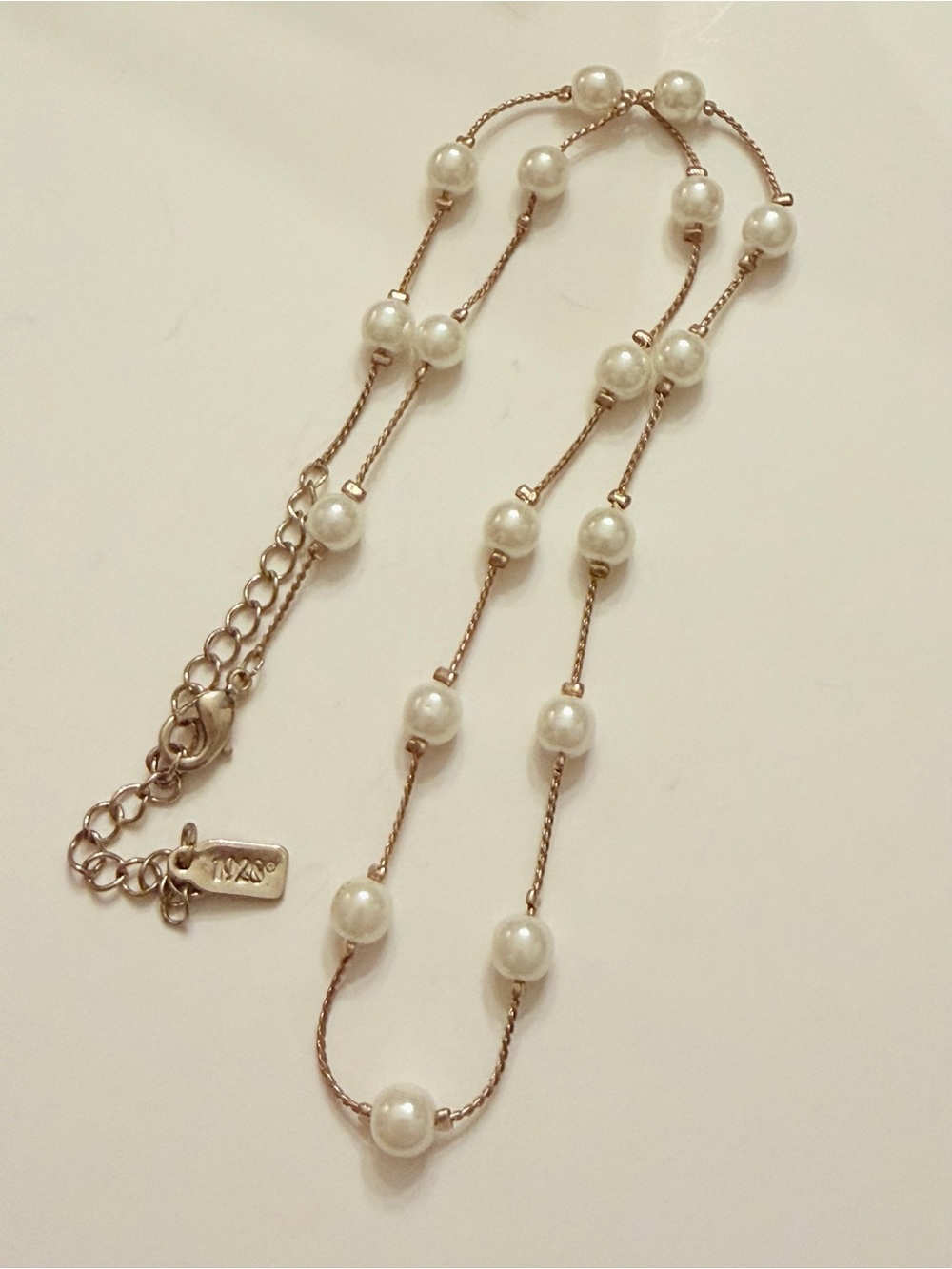 1928 Faux Pearl Station Necklace Gold Tone Adjustable Vintage